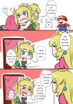  &gt;_&lt; 1boy 2girls black_dress blonde_hair blue_eyes bowsette brown_hair carrying collar comic crown dress earrings english engrish genderswap genderswap_(mtf) hat horns jewelry mario super_mario_bros. multiple_girls new_super_mario_bros._u_deluxe nintendo ranguage sesield spiked_collar spiked_tail spikes strapless strapless_dress super_crown tail trembling turtle_shell 