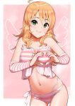  1girl bare_shoulders blonde_hair bra breasts commentary_request detached_sleeves eyebrows_visible_through_hair green_eyes hair_between_eyes heart heart-shaped_boob_challenge heart_hands hoshii_miki idolmaster idolmaster_(classic) lingerie long_hair looking_at_viewer medium_breasts nail_polish navel panties pettan_p pink_nails smile solo stomach striped striped_bra striped_panties striped_sleeves underwear underwear_only 