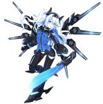  1girl absurdres armored_boots black_heart blue_eyes boots breasts eyebrows_visible_through_hair gauntlets hair_between_eyes headgear highres holding holding_weapon long_hair medium_breasts neptune_(series) next_black open_mouth ramu-on@_shinon shin_jigen_game_neptune_vii simple_background solo sword symbol-shaped_pupils visor weapon white_background white_hair 