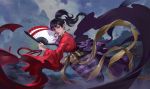  1girl beads black_hair castle demon earrings fan feathers highres inuyasha japanese_clothes jewelry kagura_(inuyasha) kimono long_hair mountain overcast pointy_ears ponytail red_eyes 