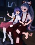  2girls absurdres alcohol animal_ears bow carrot collared_shirt fujiwara_no_mokou hair_bow highres lavender_hair lithiumrider loafers long_hair multiple_girls necktie pants rabbit_ears red_eyes reisen_udongein_inaba shirt shoes shoes_removed short_sleeves skirt smile suspenders touhou white_hair 