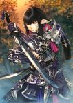  1girl armor au_ra black_hair breasts cleavage dual_wielding final_fantasy final_fantasy_xiv forest gauntlets green_eyes highres holding horns long_hair looking_at_viewer makimura_shunsuke nature solo 