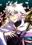  1boy ahoge caffein collarbone fate/grand_order fate_(series) flower highres holding holding_staff merlin_(fate) merlin_(fate/stay_night) nail_polish open_mouth petals solo staff tagme violet_eyes white_hair 