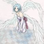  1girl angel_wings bangs bare_shoulders blue_hair breasts cleavage commentary_request dress feathered_wings filia_(star_ocean) medium_hair pointy_ears solo star_ocean star_ocean_the_second_story thigh-highs wings 