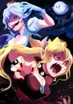  &gt;_&lt; 2girls :d angry attack bangs black_dress black_eyes blonde_hair blush boo bowsette bracelet breasts brooch cleavage collar colored_eyelashes danjou_yoshikage dress gloves glowing glowing_eyes hair_between_eyes highres horns jewelry lavender_hair light_particles long_hair long_ponytail luigi&#039;s_mansion super_mario_bros. medium_breasts multiple_girls nail_polish new_super_mario_bros._u_deluxe nintendo open_mouth pointy_ears princess_king_boo puffy_short_sleeves puffy_sleeves purple_tongue red_eyes red_nails saliva screaming shaded_face sharp_teeth short_sleeves sidelocks slit_pupils smile spiked_bracelet spiked_collar spikes strapless strapless_dress super_crown swept_bangs teeth tongue tongue_out upper_body white_dress xd 