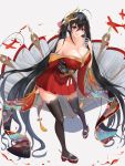  1girl ahoge aircraft airplane azur_lane bangs bare_shoulders black_hair black_legwear blush breasts cleavage collarbone crossed_bangs eyebrows_visible_through_hair fan feathers folding_fan full_body grey_background hair_between_eyes hair_ornament hair_ribbon hand_up highres huge_breasts japanese_clothes kimono large_breasts long_hair looking_at_viewer mask mask_on_head mentai_mayo obi parted_lips red_eyes red_kimono red_ribbon ribbon rigging rudder_shoes sash sidelocks simple_background smile solo striped striped_ribbon taihou_(azur_lane) very_long_hair wide_sleeves 