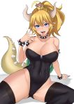  1girl aori_sora arm_support armlet ass bare_shoulders black_legwear black_leotard black_nails blonde_hair blue_eyes bowsette bracelet breasts cleavage collar covered_navel crown earrings hair_between_eyes highres horns jewelry large_breasts leotard long_hair looking_at_viewer super_mario_bros. nail_polish new_super_mario_bros._u_deluxe nintendo open_mouth pointy_ears ponytail sharp_teeth sitting smile solo spiked_bracelet spiked_collar spiked_shell spiked_tail spikes spread_legs strapless strapless_leotard super_crown tail teeth thigh-highs tongue tongue_out turtle_shell 