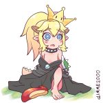  1girl 1koma absurdres age_regression bangs black_dress blonde_hair blue_eyes bowsette child collar comic commentary dress gimme2000 hair_between_eyes highres horns long_ponytail super_mario_bros. new_super_mario_bros._u_deluxe nintendo oversized_clothes spiked_collar spikes super_crown younger 