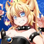  1girl bare_shoulders black_dress blonde_hair blue_eyes blush bowsette bracelet breasts cleavage collar collarbone dress earrings eyebrows_visible_through_hair fire hago horns jewelry large_breasts looking_at_viewer super_mario_bros. nail_polish new_super_mario_bros._u_deluxe nintendo parted_lips ponytail smile solo spiked_bracelet spiked_collar spikes super_crown teeth upper_body white_nails 