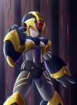  1boy android armor black_armor breastplate character_request gauntlets gloves glowing glowing_eyes headphones helmet highres male_focus pauldrons red_eyes robot robot_joints rockman rockman_x shoulder_armor solo tagme wing-maiden x-kai 