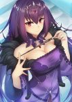  1girl bangs breasts cleavage commentary_request dress eyebrows_visible_through_hair fate/grand_order fate_(series) fur_trim hair_between_eyes jewelry large_breasts long_hair looking_at_viewer p!nta purple_dress purple_hair red_eyes scathach_(fate)_(all) scathach_skadi_(fate/grand_order) smile solo tiara wand 