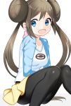 1girl :d black_legwear blue_eyes bow breasts brown_hair collarbone creatures_(company) double_bun game_freak long_hair looking_at_viewer medium_breasts mei_(pokemon) microskirt nintendo open_mouth pantyhose pink_bow pleated_skirt pokemon pokemon_(game) pokemon_bw2 shiny shiny_clothes shiny_hair shirt simple_background sitting skirt smile solo twintails white_background yellow_skirt yuihiko 