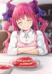  1girl alternate_costume apron arm_support blood blurry blurry_background blush bowl closed_eyes closed_mouth collared_shirt commentary_request curled_horns depth_of_field elizabeth_bathory_(fate) elizabeth_bathory_(fate)_(all) eyeball facing_viewer fang_out fate/grand_order fate_(series) flower food head_tilt indoors inora long_hair meat pink_apron pink_hair plate pointy_ears shelf shirt sidelocks sleeves_rolled_up smile solo soup table tongue two_side_up upper_body vase wavy_hair white_shirt wing_collar 