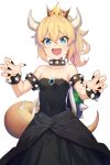  1girl :d aqua_eyes armlet bare_shoulders black_nails blonde_hair bowsette bracelet breasts child cleavage collar collarbone crown eyebrows eyebrows_visible_through_hair fang highres horns jewelry super_mario_bros. nail_polish new_super_mario_bros._u_deluxe nintendo open_mouth ponytail short_hair simple_background small_breasts smile solo soya_(torga) spiked_armlet spiked_bracelet spiked_collar spikes super_crown tail white_background younger 