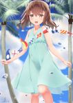  1girl absurdres alternate_costume bare_shoulders blue_dress brown_eyes brown_hair clouds day dress flat_chest headband highres jiangjin_nanyun_zhi_(kumita) kantai_collection outdoors palm_tree short_hair sky sleeveless sleeveless_dress solo standing string_of_flags sundress taihou_(kantai_collection) tree water_drop 