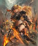  1girl armor artist_request banner blonde_hair burning_eye clouds cloudy_sky cygames embers evil_eye_demon flaming_sword full_armor gauntlets green_eyes heterochromia horn long_hair midriff navel official_art polearm red_eyes revealing_clothes shadowverse sky spear weapon 