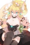  1girl 2018 artist_name black_dress black_legwear blonde_hair blue_eyes bowsette bracelet breasts cleavage collar dress eyebrows_visible_through_hair fingernails grin hair_between_eyes highres horns jewelry large_breasts leg_up looking_at_viewer maou_skun super_mario_bros. nail_polish new_super_mario_bros._u_deluxe nintendo outstretched_arm pointy_ears ponytail sharp_fingernails sharp_teeth smile solo spiked_armlet spiked_bracelet spiked_collar spiked_shell spiked_tail spikes strapless strapless_dress super_crown teeth thick_eyebrows thigh-highs 