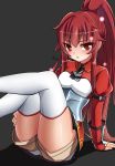  alice360 armor blush elesis_(elsword) elsword eyebrows_visible_through_hair frown glowing hand_on_own_thigh highres legs_up long_hair ponytail red_eyes redhead sitting thighs 