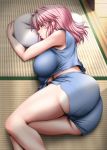  1girl ass bare_arms bare_shoulders blue_shirt blue_shorts breasts closed_eyes commentary curvy day eyes_visible_through_hair highres hips huge_ass huge_breasts indoors large_breasts legs lying medium_hair nori_tamago on_side pantylines pillow pink_hair saigyouji_yuyuko shirt short_shorts shorts sleeping sleeveless sleeveless_shirt solo tatami thick_thighs thighs touhou wide_hips 