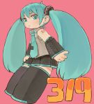  1girl bare_shoulders black_legwear blue_eyes blue_hair blue_nails blue_neckwear collared_shirt commentary_request detached_sleeves ebimomo grey_shirt hatsune_miku long_hair looking_at_viewer nail_polish necktie pleated_skirt red_background shirt shoulder_tattoo simple_background skirt sleeveless sleeveless_shirt solo tattoo thigh-highs twintails very_long_hair vocaloid wing_collar zettai_ryouiki 