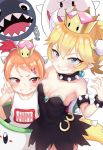  2girls armlet atg_(wttoo0202) bare_shoulders blonde_hair blue_eyes blush boo bowsette bowsette_jr. bracelet breasts chain_chomp child cleavage clenched_teeth collar crown food_themed_hair_ornament hair_ornament hand_on_another&#039;s_shoulder highres horns jewelry koopa_clown_car looking_at_viewer super_mario_bros. multiple_girls mushroom_hair_ornament new_super_mario_bros._u_deluxe nintendo orange_hair pointy_ears ponytail red_eyes sharp_teeth shirt short_hair side_ponytail simple_background sleeveless sleeveless_shirt small_breasts spiked_armlet spiked_bracelet spiked_collar spikes super_crown tail teeth white_background white_shirt 