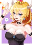  1girl arm_up aruti bare_shoulders black_dress blocking blonde_hair blue_earrings border bowsette bracelet breasts brooch collar collarbone commentary_request dress eyebrows_visible_through_hair eyelashes fingernails fireball hand_up head_tilt horns jewelry light_blue_eyes long_ponytail looking_at_viewer super_mario_bros. medium_breasts nail_polish new_super_mario_bros._u_deluxe nintendo outside_border pointy_ears purple_background reflective_eyes sapphire_(stone) scowl sharp_fingernails shiny shiny_hair sidelocks signature solo spiked_bracelet spiked_collar spikes strapless strapless_dress super_crown upper_body white_border white_nails wide_ponytail 