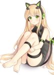  1girl animal_ears bangs bare_shoulders barefoot blonde_hair blush bow cat_ear_headphones cat_ears cat_girl cat_tail closed_mouth commentary eyebrows_visible_through_hair girls_frontline green_bow green_eyes grey_leotard hair_between_eyes headphones highres leg_hug leotard long_hair looking_at_viewer seventeen_(st17215) tail tail_bow tail_raised tmp_(girls_frontline) very_long_hair white_background 