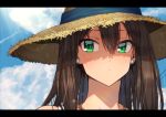  1girl black_hair clouds cloudy_sky comiket_94 commentary earrings erere green_eyes hair_between_eyes hat idolmaster idolmaster_cinderella_girls jewelry letterboxed long_hair necklace shibuya_rin sky solo straw_hat 