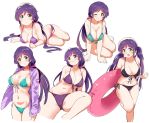  1girl :d ;d bikini black_bikini blush breasts eyebrows_visible_through_hair front-tie_bikini front-tie_top green_bikini green_eyes hood hooded_jacket hoodie innertube jacket kurokawa_makoto large_breasts looking_at_viewer love_live! low_twintails lying multiple_views navel o-ring o-ring_bikini o-ring_bottom o-ring_top one_eye_closed open_clothes open_hoodie open_mouth purple_bikini side-tie_bikini simple_background smile standing standing_on_one_leg string_bikini swimsuit toujou_nozomi twintails violet_eyes white_background 