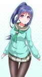  1girl aqua_cardigan aqua_neckwear aqua_outline black_legwear blue_hair cardigan commentary_request eyebrows_visible_through_hair grey_sailor_collar holding long_hair long_sleeves looking_at_viewer love_live! love_live!_sunshine!! matsuura_kanan miniskirt neckerchief pantyhose pleated_skirt ponytail sailor_collar school_uniform serafuku sidelocks skirt smile solo thigh_gap tie_clip violet_eyes yopparai_oni 