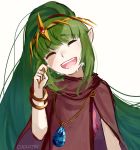  1girl artist_name bracelet chiki chocojax closed_eyes crying fire_emblem fire_emblem:_mystery_of_the_emblem fire_emblem_heroes green_hair hair_ribbon jewelry long_hair mamkute nintendo open_mouth pointy_ears ponytail ribbon simple_background solo stone tiara white_background 