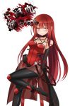  absurdres alice360 blood blood_stain blush breasts cleavage crimson_avenger_(elsword) elesis_(elsword) elsword eyebrows_visible_through_hair frown hand_on_own_stomach heart heart-shaped_pupils highres long_hair pantyhose redhead symbol-shaped_pupils white_background 