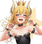  1girl bare_shoulders black_nails blonde_hair blue_eyes blush bowsette bracelet breasts cleavage collar collarbone crown earrings fangs fingernails genderswap genderswap_(mtf) half-closed_eyes horns jewelry looking_at_viewer super_mario_bros. nail_polish new_super_mario_bros._u_deluxe nintendo nyeeshii open_mouth pointy_ears ponytail sharp_fingernails sharp_teeth simple_background sleeveless small_breasts smile solo spiked_armlet spiked_bracelet spiked_collar spikes star strapless super_crown teeth thick_eyebrows upper_body white_background 