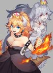  2girls absurdres armlet black_dress blonde_hair borrowed_design bowser bowsette bracelet breasts cleavage clenched_hand collar crown dress earrings fire frilled_dress frilled_gloves frills from_above genderswap genderswap_(mtf) gloves grey_background highres horns jewelry large_breasts long_hair luigi&#039;s_mansion super_mario_bros. mini_crown multiple_girls necklace new_super_mario_bros._u_deluxe nintendo open_mouth parted_lips pointy_ears ponytail princess_king_boo puffy_short_sleeves puffy_sleeves red_eyes reiga_(act000) sharp_teeth short_sleeves spiked_armlet spiked_bracelet spiked_collar spiked_shell spiked_tail spikes strapless strapless_dress super_crown super_mario_bros. sweatdrop tail teeth tilted_headwear transformation turtle_shell white_dress white_gloves white_hair 