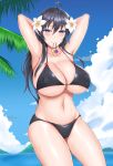  1girl armpits bikini black_bikini black_hair blush breasts cleavage flower hair_flower hair_ornament hair_tie_in_mouth highres huge_breasts mouth_hold navel persephone_(p&amp;d) puzzle_&amp;_dragons swimsuit 