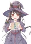  1girl animal_ear_fluff animal_ears bangs black_hair blush butterfly_hair_ornament fangs hair_ornament hat highres hikari_niji holding holding_sign long_hair looking_at_viewer open_mouth original red_eyes robe sign solo tail witch_hat 