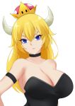  1girl arm_strap bangs black_choker black_leotard blonde_hair blue_eyes bowsette breasts choker cleavage collarbone crown expressionless hair_down large_breasts leotard long_hair looking_at_viewer super_mario_bros. new_super_mario_bros._u_deluxe nintendo shito_zhizhen simple_background solo strapless strapless_leotard super_crown upper_body white_background 