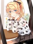  1girl ayase_eli black_bow black_skirt blonde_hair blue_eyes blush bow cellphone chin_rest collarbone elbows_on_table eyebrows_visible_through_hair hair_between_eyes hair_bow hands_on_own_cheeks hands_on_own_face long_sleeves looking_at_viewer love_live! love_live!_school_idol_project mogu_(au1127) notice_lines phone phone_screen ponytail see-through_sleeves shirt sidelocks sitting skirt smartphone smile solo table translated w white_shirt 