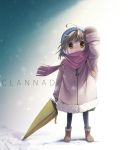  1girl antenna_hair arm_up backpack bag black_legwear blue_hat blush boots brown_eyes brown_hair child clannad coat fujishiro_touma hat okazaki_ushio pink_scarf scarf snow snowing solo umbrella wide-eyed winter_clothes winter_coat yellow_umbrella 