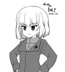  1girl bangs blonde_hair character_name closed_mouth commentary_request dated emblem eyebrows_visible_through_hair frown girls_und_panzer hands_on_hips happy_birthday jacket katyusha long_sleeves looking_to_the_side nanashiro_gorou pravda_school_uniform school_uniform shirt short_hair solo standing turtleneck upper_body v-shaped_eyebrows 
