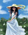  1girl black_hair breasts chitanda_eru clouds dailuo dress flower hat highres hyouka long_hair nature sky solo violet_eyes 