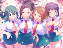  4girls asui_tsuyu blue_eyes blush boku_no_hero_academia breasts brown_eyes brown_hair character_request closed_mouth collared_shirt eyebrows_visible_through_hair green_eyes green_hair green_skirt heiwa_(murasiho) jirou_kyouka large_breasts long_hair looking_at_viewer multiple_girls necktie open_mouth red_neckwear shirt short_hair short_sleeves skirt smile uraraka_ochako white_shirt yaoyorozu_momo 