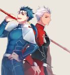  2boys :d archer bberry blue_bodysuit blue_hair bodysuit cowboy_shot earrings expressionless fate/stay_night fate_(series) gae_bolg grey_eyes hand_on_hip holding holding_spear holding_weapon jewelry lancer long_hair looking_at_viewer male_focus multiple_boys open_mouth pauldrons polearm ponytail red_eyes sepia_background smile spear weapon white_hair 