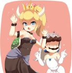  1boy 1girl arms_up bare_shoulders black_dress blonde_hair blue_eyes blush bowsette bracelet breasts bridal_veil brooch brown_hair claw_pose collar collarbone commentary crossdressinging dress earrings edge-mokku elbow_gloves english_commentary facial_hair gloves highres horizontal_pupils horns jewelry long_ponytail looking_at_viewer mario super_mario_bros. mustache new_super_mario_bros._u_deluxe nintendo open_mouth pointy_ears shaded_face sharp_teeth short_hair sleeveless sleeveless_dress sparkle spiked_armlet spiked_bracelet spiked_collar spiked_shell spikes strapless strapless_dress super_crown super_mario_bros. teeth thick_eyebrows tiara turtle_shell veil white_dress white_gloves white_pupils 