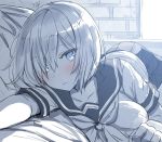  1girl bangs bed bed_sheet blue_eyes blush breasts brick_wall collarbone commentary_request eyebrows_visible_through_hair hair_between_eyes hair_ornament hair_over_one_eye hairclip hamakaze_(kantai_collection) indoors kantai_collection large_breasts lolicept looking_at_viewer lying monochrome neckerchief on_stomach parted_lips pleated_skirt sailor sailor_collar school_uniform serafuku shirt short_hair short_sleeves silver_hair skirt white_shirt window 