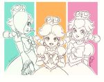 3girls bow braid commentary earrings english_commentary frilled_sleeves frills jewelry lipstick makeup super_mario_bros. multicolored multicolored_background multiple_girls new_super_mario_bros._u_deluxe nintendo peachette princess_daisy rosetta_(mario) simple_background toadette transformation twin_braids twitter_username 
