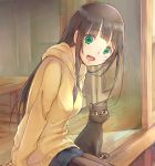  1girl :d animal arm_support bangs black_cat black_hair black_legwear blunt_bangs blush cat chito_(flying_witch) commentary_request eyebrows_visible_through_hair flying_witch green_eyes hana_(hanashima) hood hoodie kowata_makoto long_hair long_sleeves looking_at_viewer open_mouth pantyhose shorts sidelocks sitting smile solo table wooden_floor yellow_hoodie 