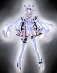  1girl android bare_shoulders blue_hair breasts closed_mouth commentary_request cyborg elbow_gloves gloves highres kos-mos long_hair looking_at_viewer marker_(medium) red_eyes solo thigh-highs traditional_media xenosaga 