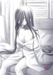  1girl bare_shoulders bed breasts cleavage commentary_request ebifly greyscale hair_over_one_eye large_breasts long_hair long_sleeves monochrome naked_shirt off_shoulder pubic_hair saliva sanpaku shirt signature sitting solo the_ring tongue tongue_out very_long_hair wide-eyed yamamura_sadako 