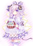  1girl ;) basket blush bow candy commentary_request cowboy_shot curled_horns diagonal-striped_background diagonal_stripes dress food frilled_legwear gloves hair_bow holding holding_basket horns konpeitou long_hair one_eye_closed original pleated_dress puffy_short_sleeves puffy_sleeves purple_bow purple_dress purple_hair red_bow shikito short_sleeves smile solo standing star striped striped_background thigh-highs veil very_long_hair violet_eyes white_gloves white_legwear 